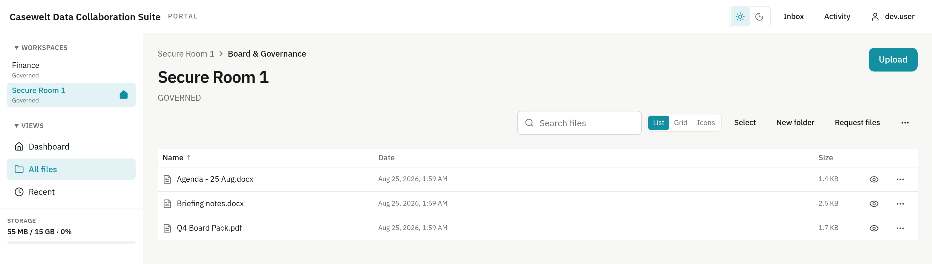 The Casewelt portal showing the Board & Governance folder in list view, with search, upload, Request files and storage in the sidebar.