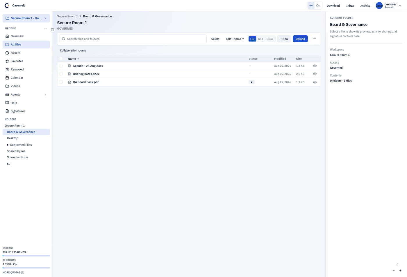 The Casewelt portal showing the Board & Governance folder in list view, with search, upload, Request files and a storage indicator in the sidebar.