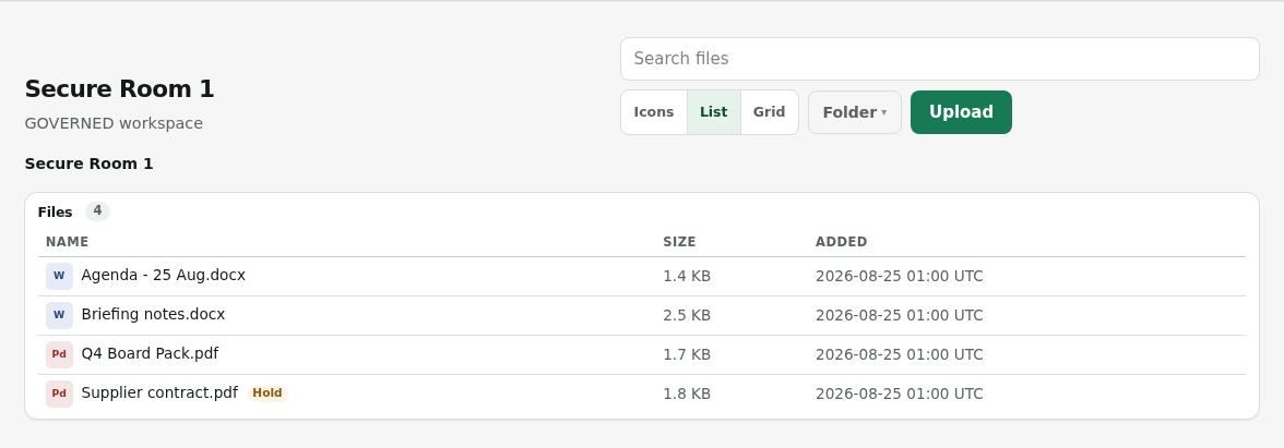 Live Files list in Secure Room 1: search, Icons/List/Grid switch, folder actions and Upload, with size, added date and a Hold badge on one file.