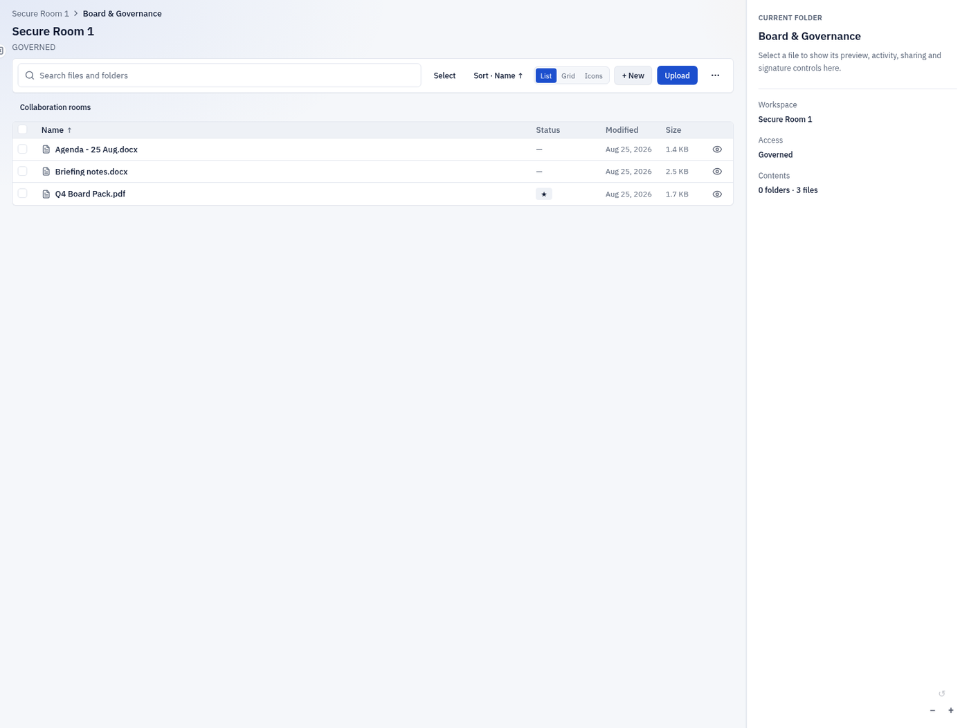 The Files list in the Board & Governance folder: search, list and grid options, and three documents with dates and sizes.