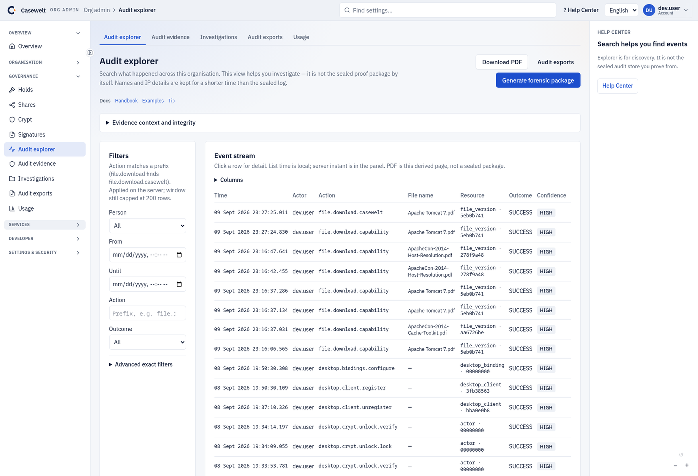 The Audit screen in the organisation console: Verify chain, activity totals, a per-person breakdown, and recent events.