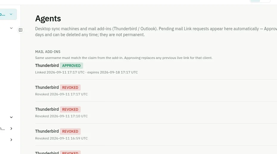 The Casewelt Agents page showing an approved Thunderbird link and revoked links.