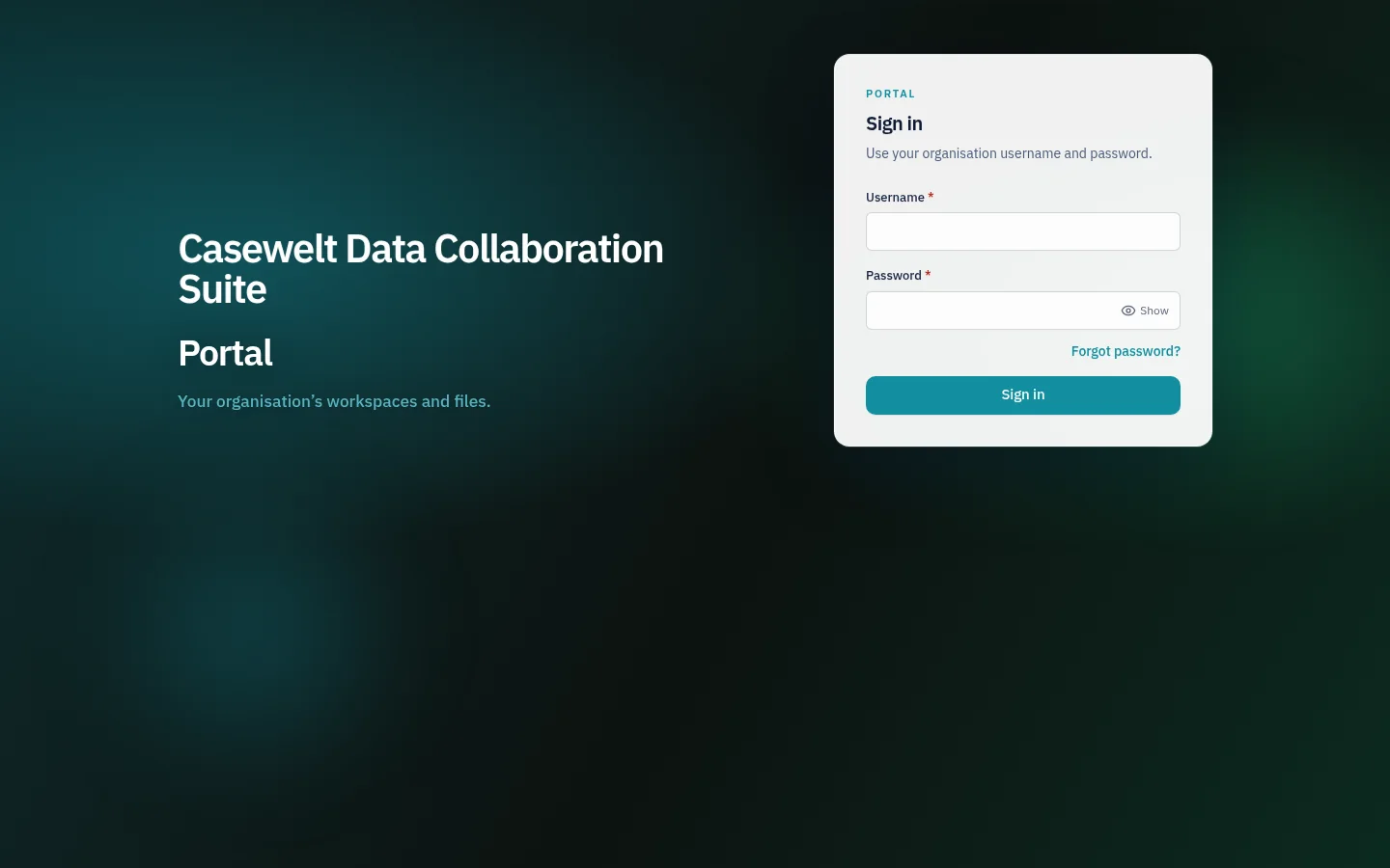 The Casewelt organisation portal sign-in screen.